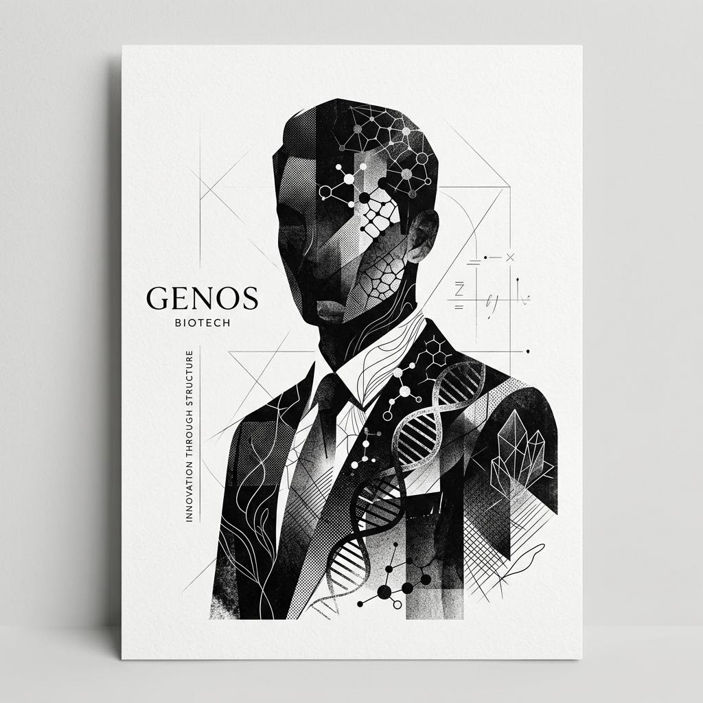 Modern black-and-white geometric line illustration of a figure in a suit